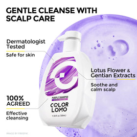 COLORLOMO purple shampoo close-up label highlights safety and pigment.