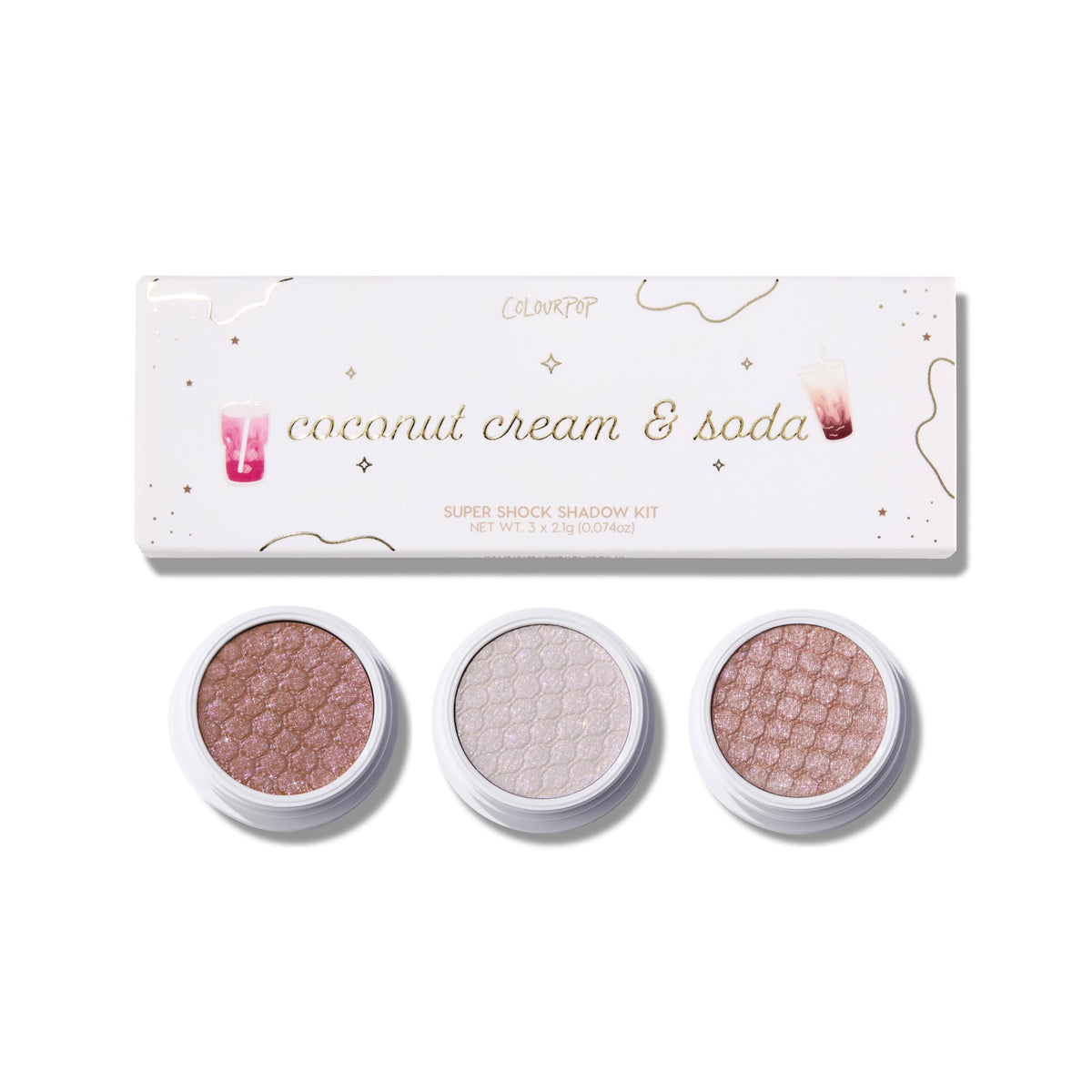 ColourPop Coconut Cream & Soda trio packaging front view for convenient, stylish eye makeup.