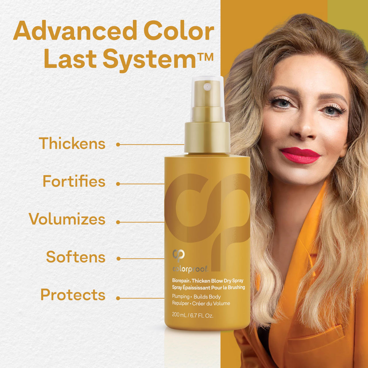 ColorProof Biorepair Thicken Blow Dry Spray bottle on countertop emphasizes heat protection up to 450°F.