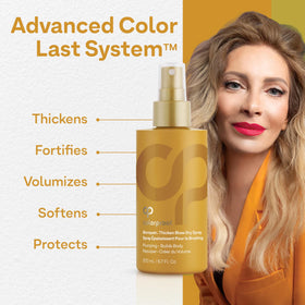 ColorProof Biorepair Thicken Blow Dry Spray bottle on countertop emphasizes heat protection up to 450°F.