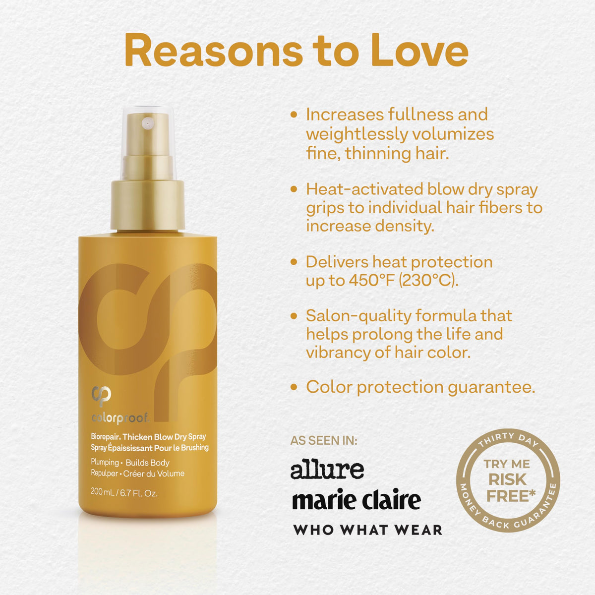 ColorProof Biorepair Thicken Blow Dry Spray label highlights color-safe formula and vegan, cruelty-free features.