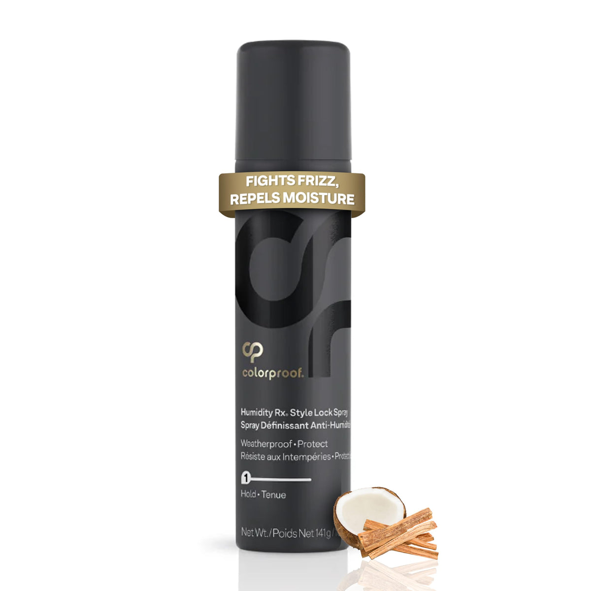 ColorProof Humidity Rx Style Lock spray bottle shows weightless hold on a humid day.