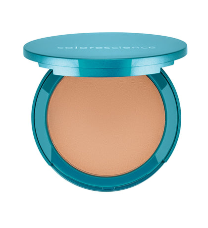 Colorescience Natural Finish pressed foundation in Medium Sand shown in compact for seamless coverage.