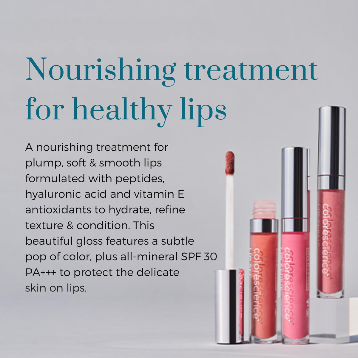 Colorscience Peptide Lip Shine color palette swatches showcase seven shade options.