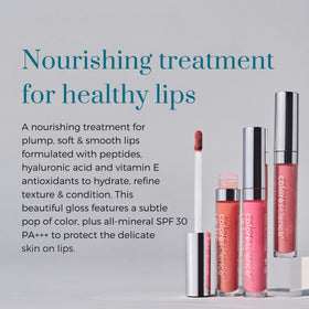 Colorscience Peptide Lip Shine color palette swatches showcase seven shade options.