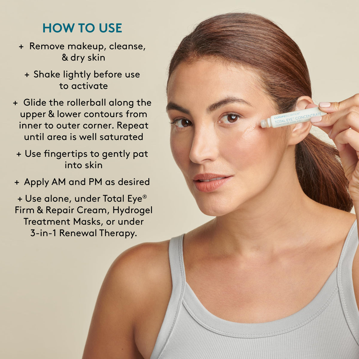 Colorscience Total Eye Concentrate Serum rollerball showing cooling depuffing for refreshed eyes