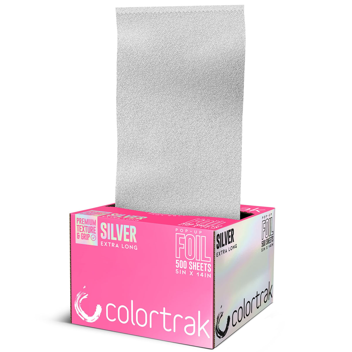 Colortrak embossed foil sheets with pop-up dispenser for precise hair foiling applications