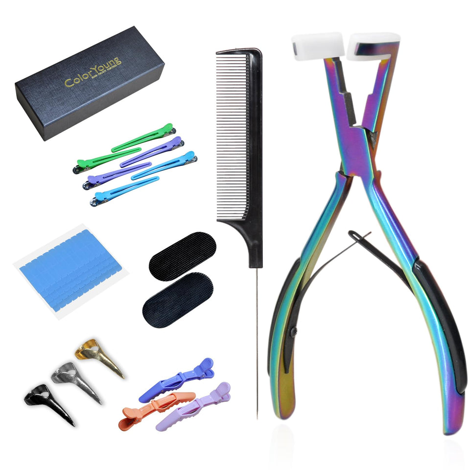 ColorYoung rainbow tape-in pliers toolkit for precise, seamless hair extension application.