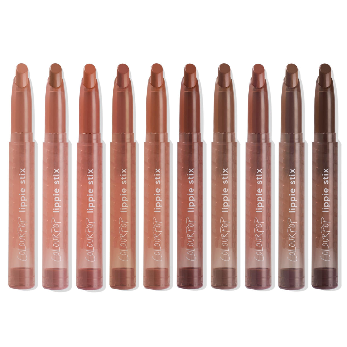 ColourPop Lippie Stix Vault 10 nude shades swatches show versatile everyday options.