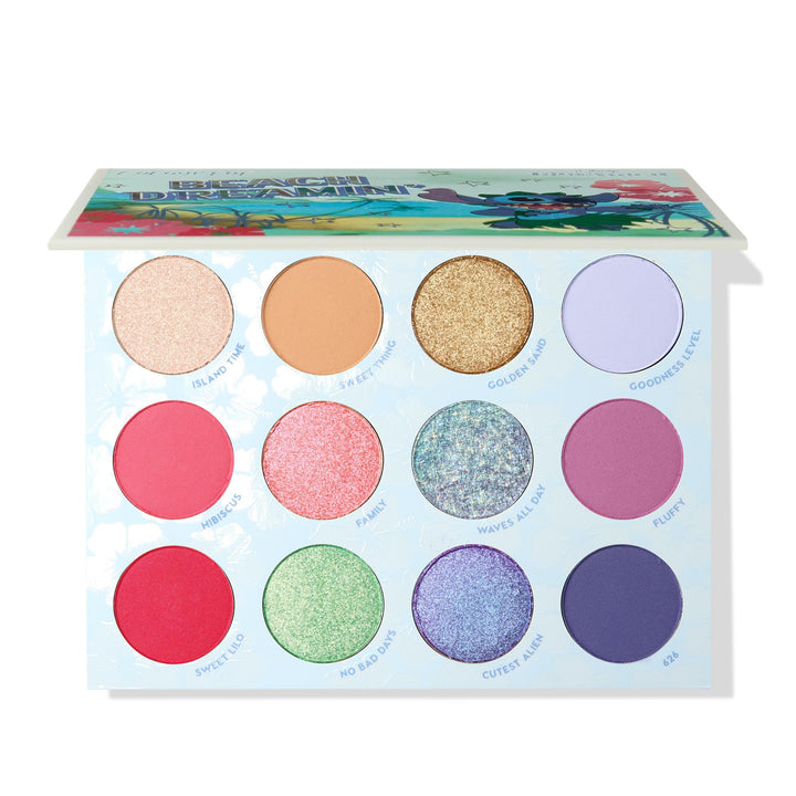 ColourPop Stitch Beach Dreamin’ palette front view highlights tropical tones for playful day looks