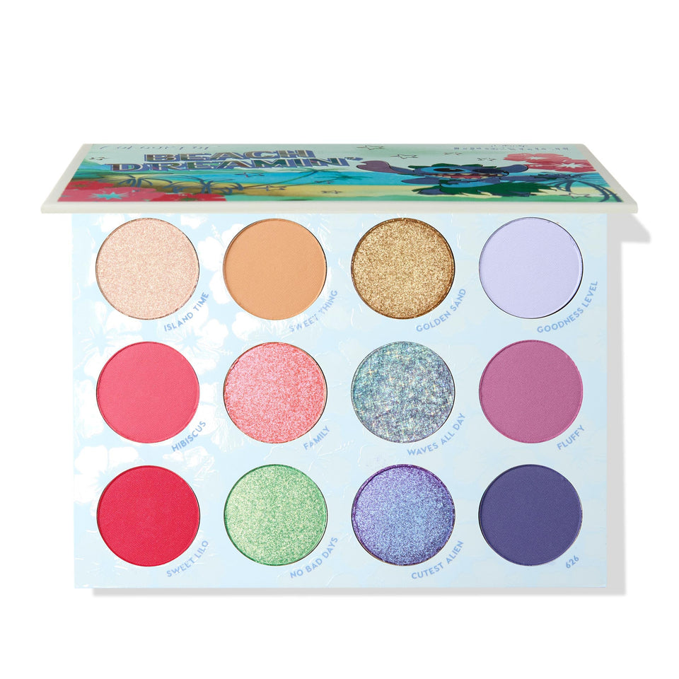 ColourPop Stitch Beach Dreamin’ palette front view highlights tropical tones for playful day looks
