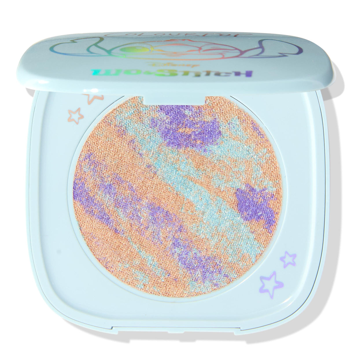 ColourPop Stitch Ohana Highlighter tie-dye compact adds radiant cheekbone glow.