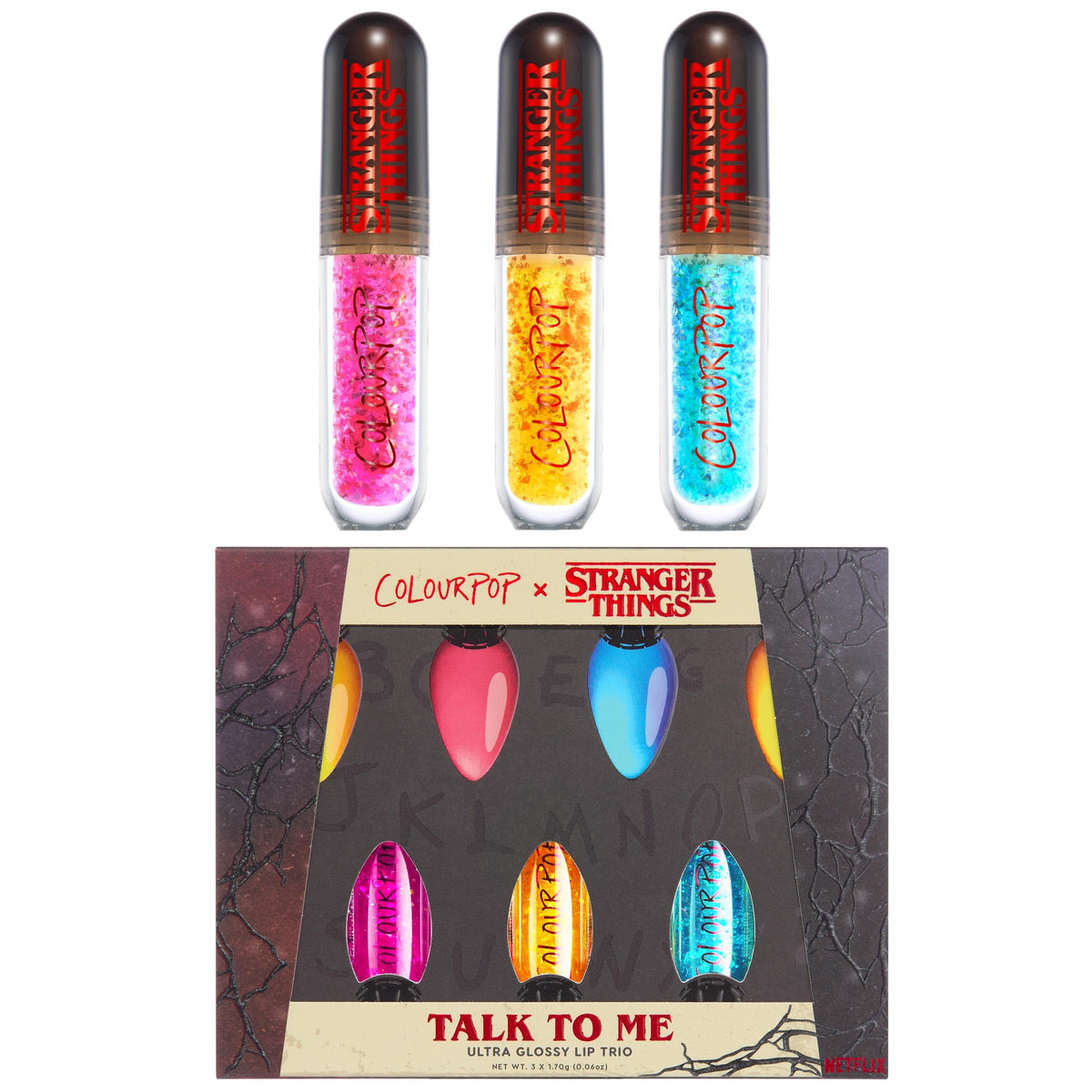 ColourPop Talk to Me gloss trio pack with luminous multichrome sparkle on lips