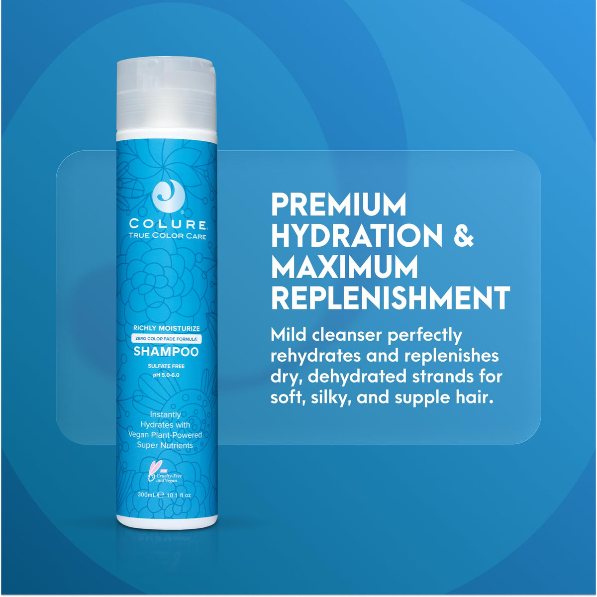 COLURE Richly Moisturize Shampoo bottle-back highlights color protection and vegan nourishment.