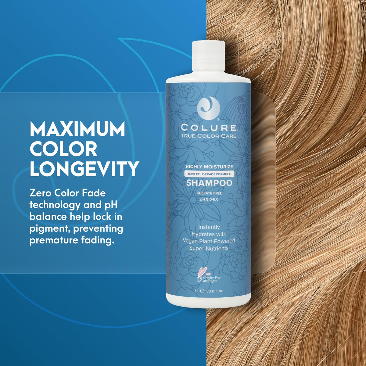 COLURE Richly Moisturize Shampoo color protection scene emphasizes pigment retention and shine.