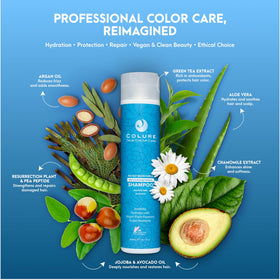 COLURE Richly Moisturize Shampoo color-retention graphic demonstrates lasting color during styling.
