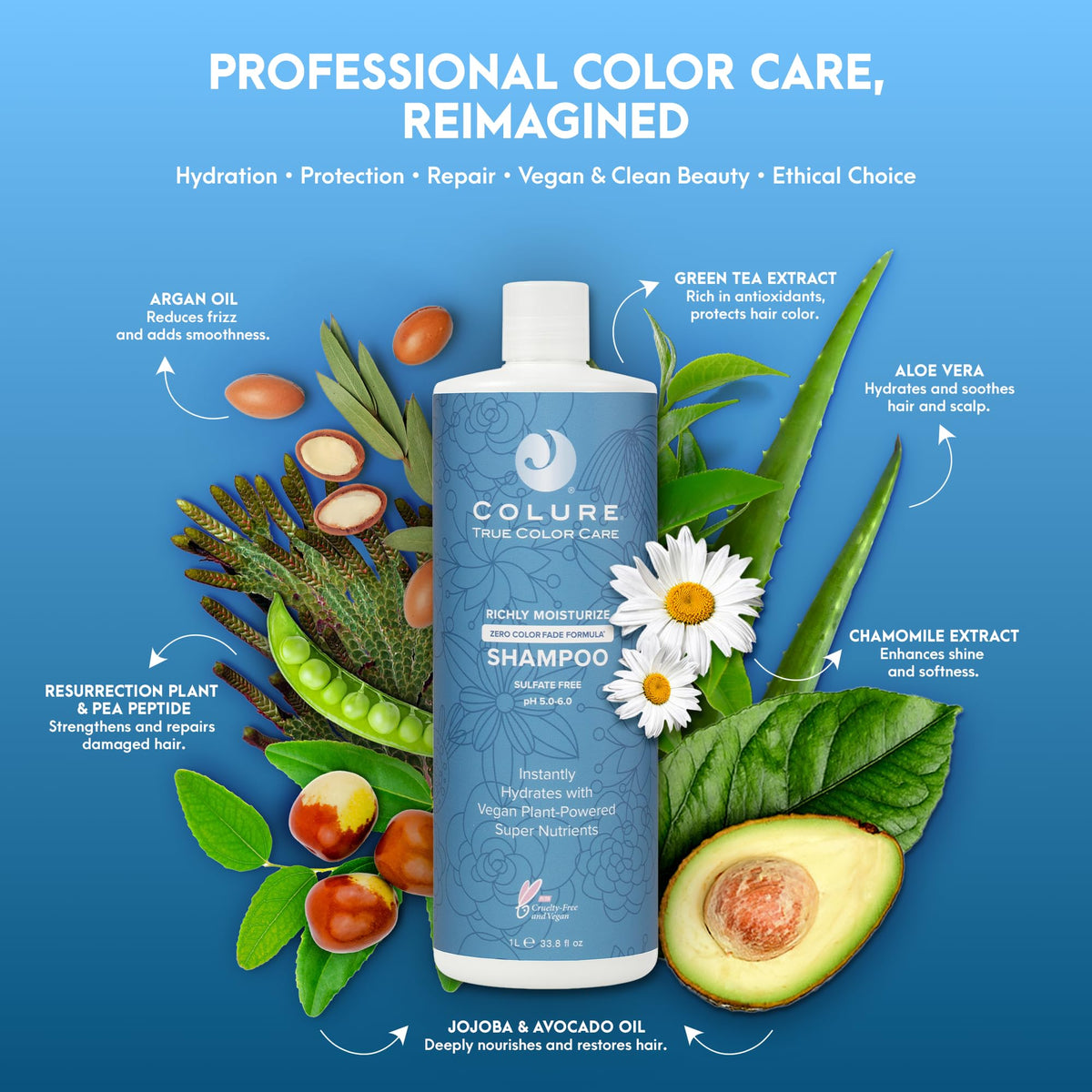 COLURE Richly Moisturize Shampoo lifestyle shot with bottle on sink suggests luxurious daily care.