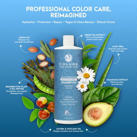COLURE Richly Moisturize Shampoo lifestyle shot with bottle on sink suggests luxurious daily care.