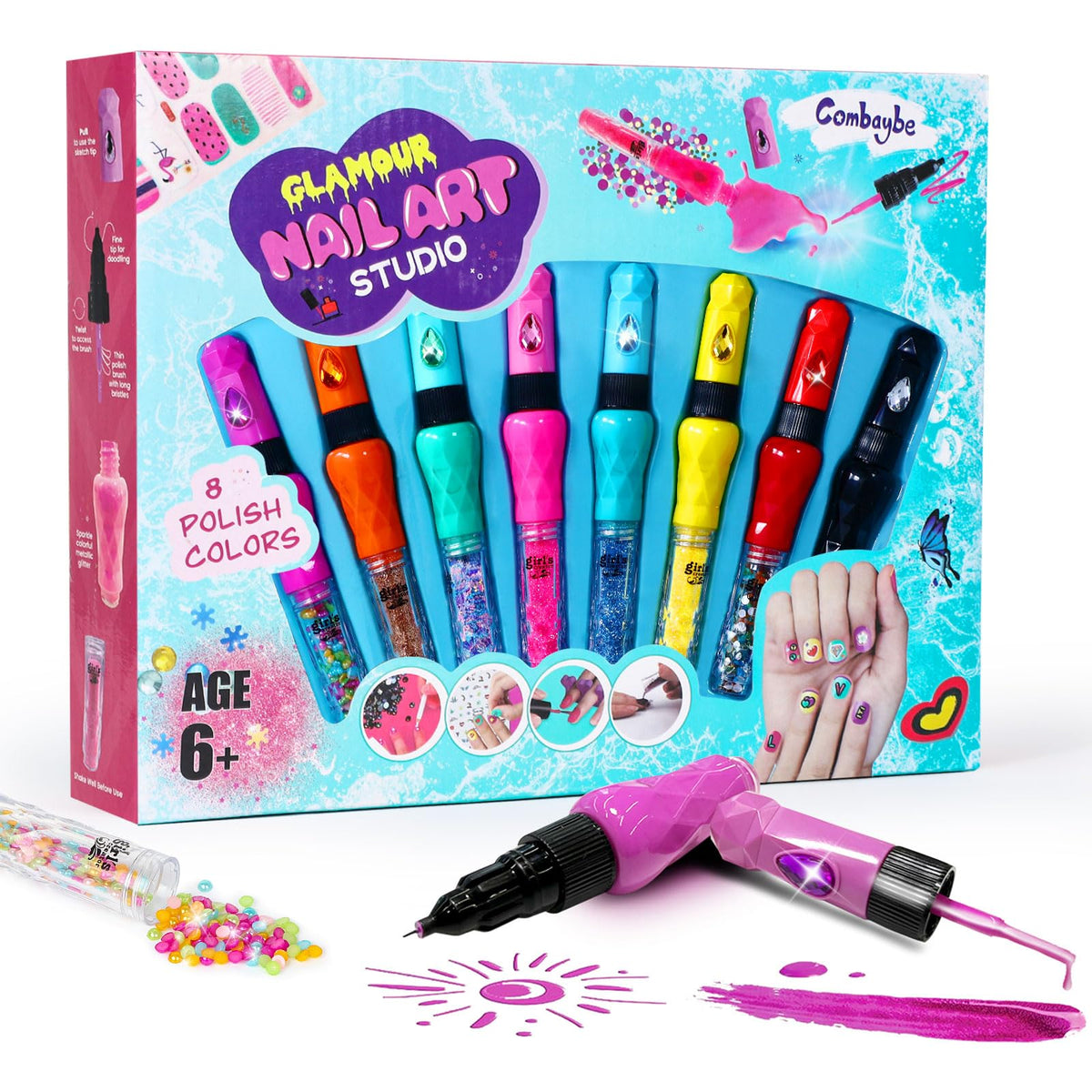 Combaybe 8 count nail art pen set front view for creative kid designs