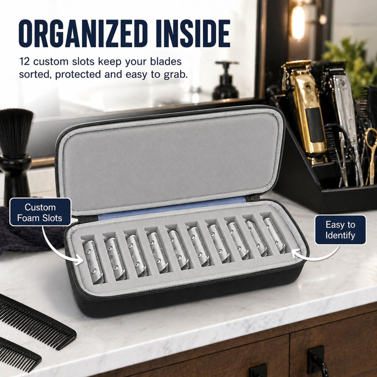 Comecase grooming clipper blade case layout with four large and eight small blade slots