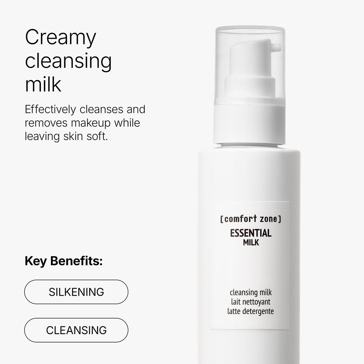 Close-up of Comfort Zone Essential Cleansing Milk being gently lathered for cleansing.