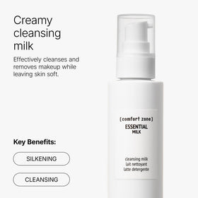 Close-up of Comfort Zone Essential Cleansing Milk being gently lathered for cleansing.