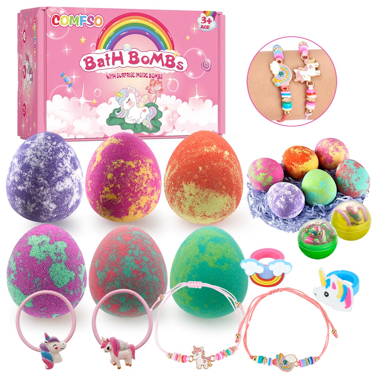 Comfso dino egg bath bomb with surprise inside for exciting bathtime play.