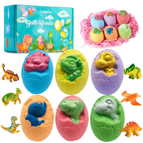 Comfso Easter bath bombs with a dino egg toy inside for kids.