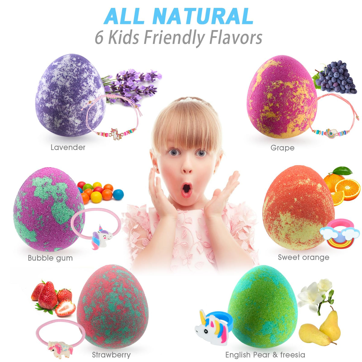 Comfso unicorn jewelry bath bomb reveals jewelry inside during bath-time fun.