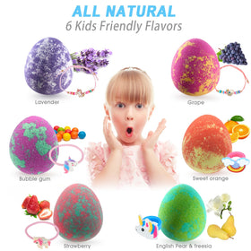 Comfso unicorn jewelry bath bomb reveals jewelry inside during bath-time fun.