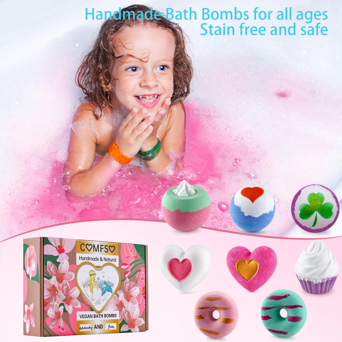 Comfso ice-cream bath bomb offering kid-friendly fun with creamy bubbles and sweet scent.