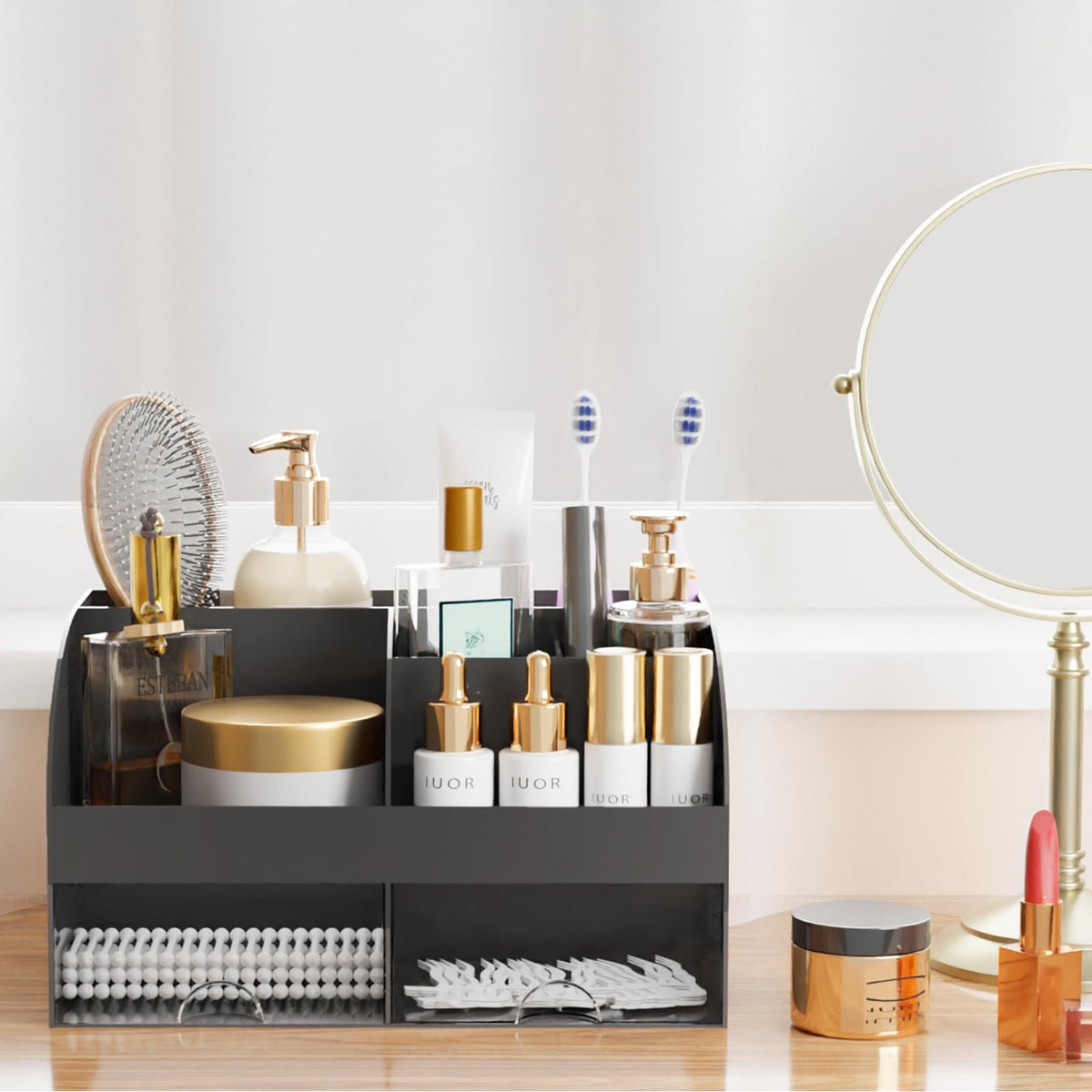 COMFYROOM black bathroom countertop organizer frees counter space and looks sleek