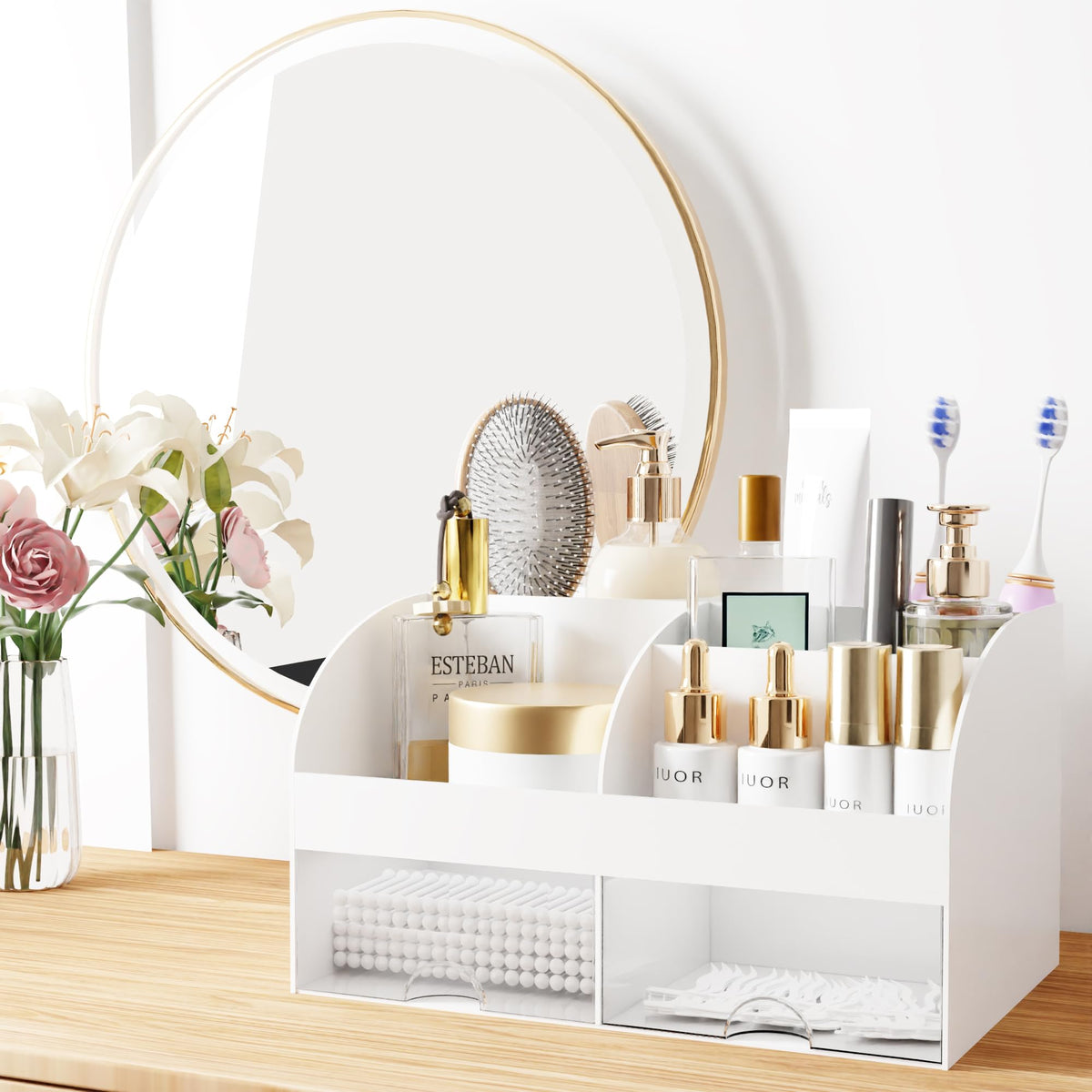 COMFYROOM bathroom countertop storage for toothbrushes and daily cosmetics.