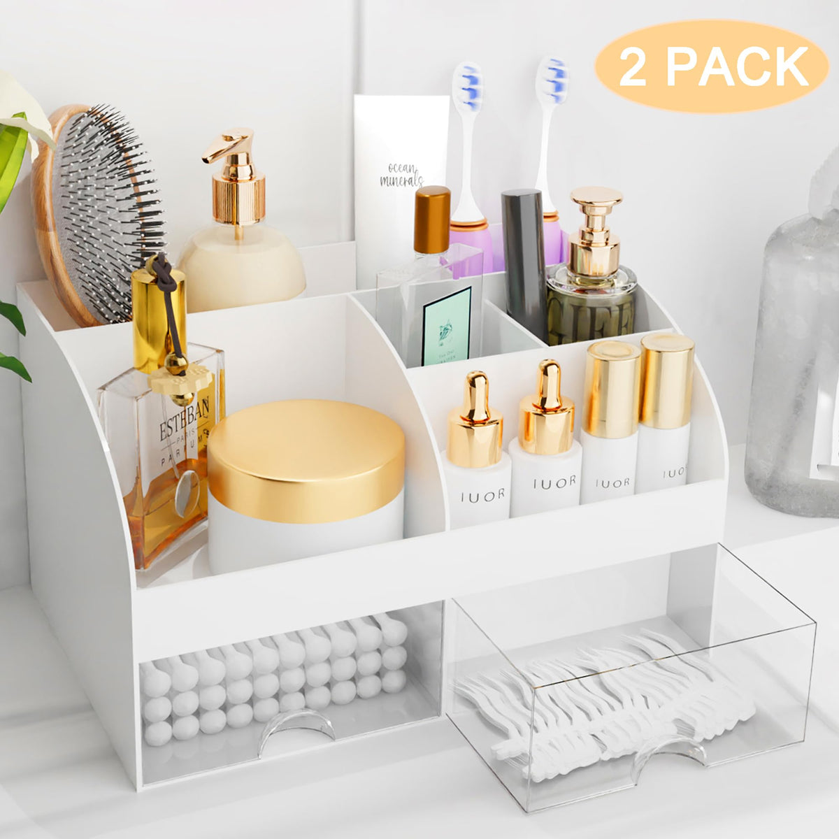 COMFYROOM cosmetic storage on dresser, multiple compartments for brushes and lipstick.