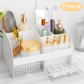 COMFYROOM cosmetic storage on dresser, multiple compartments for brushes and lipstick.