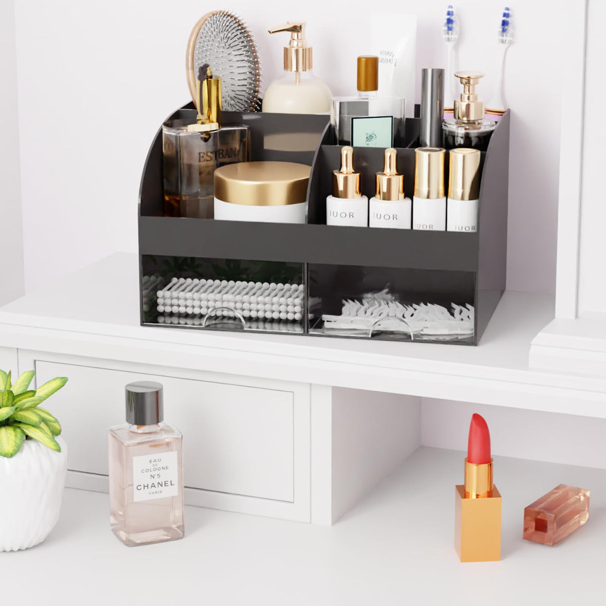 COMFYROOM dresser-top cosmetics storage keeps lipstick, nail polish, and perfume organized