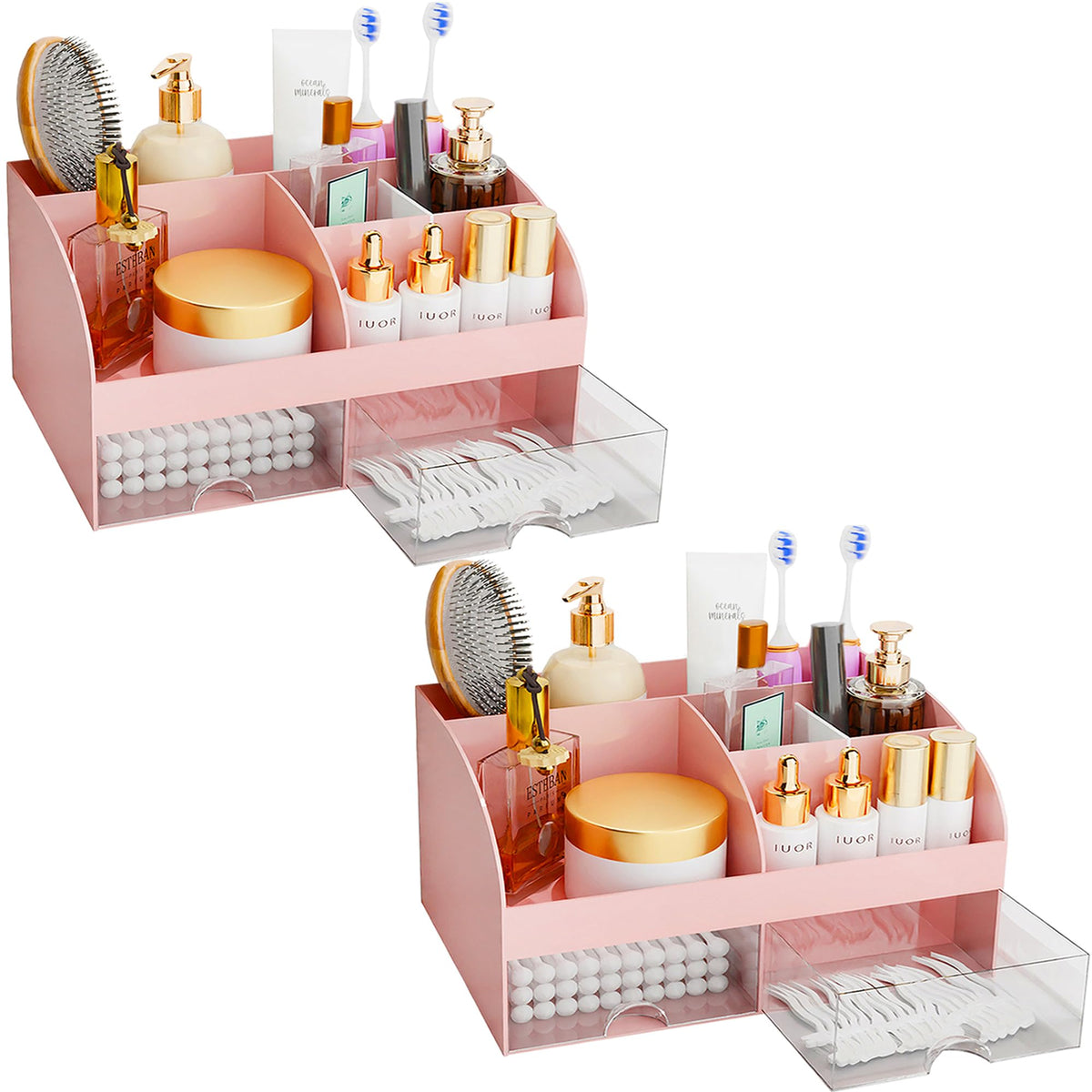 COMFYROOM makeup organizer with drawers in pink, keeps cosmetics neatly organized and accessible.