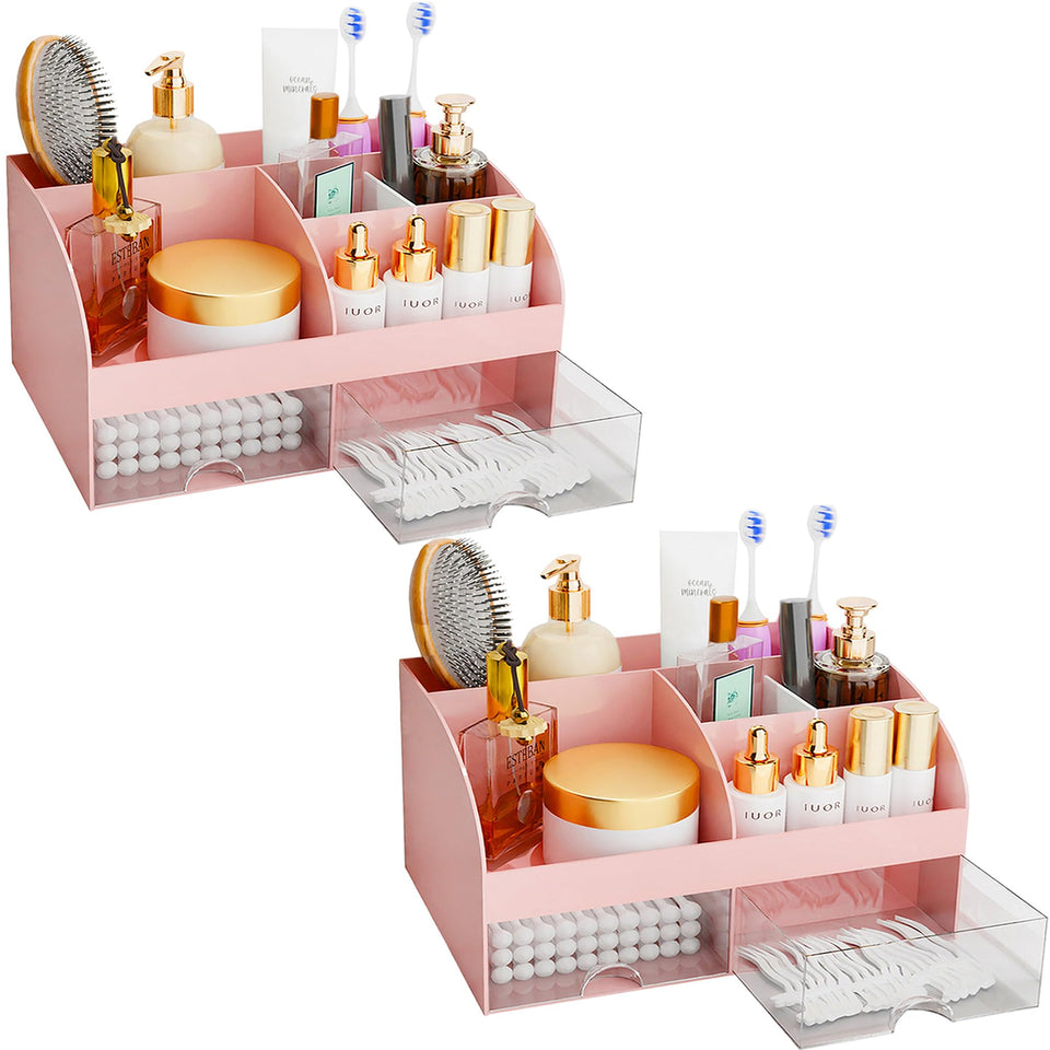 COMFYROOM makeup organizer with drawers in pink, keeps cosmetics neatly organized and accessible.