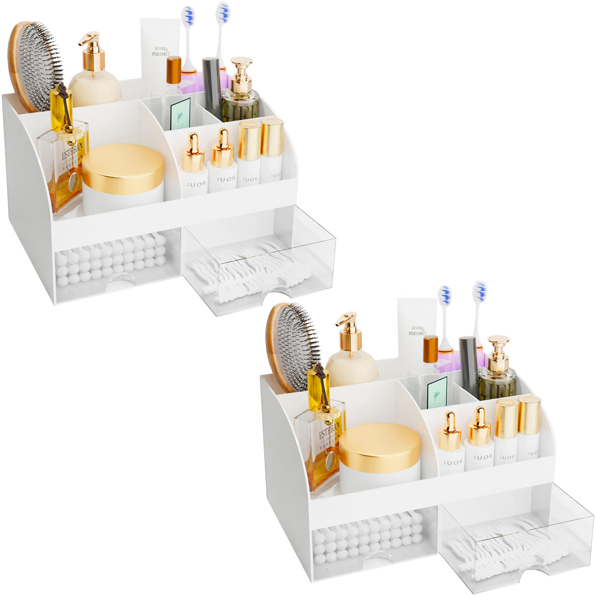 COMFYROOM makeup organizer with drawers in white, neatly displaying cosmetics.