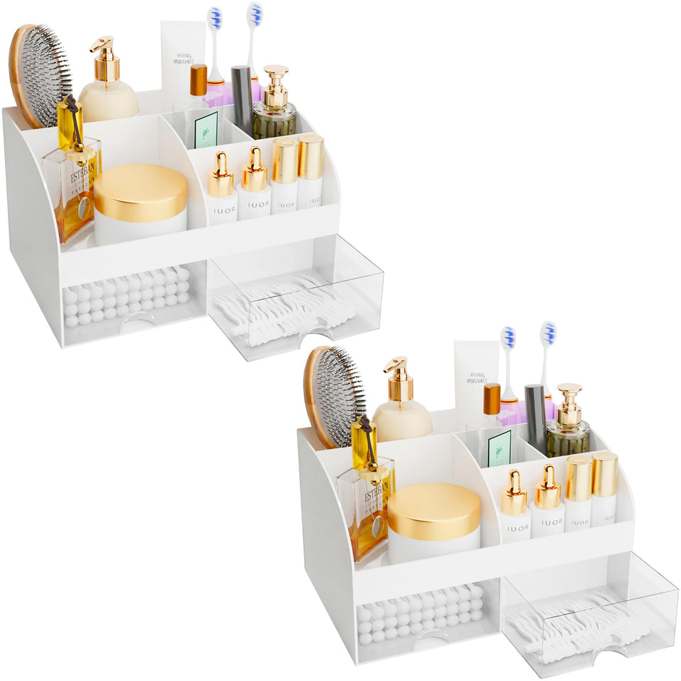 COMFYROOM makeup organizer with drawers in white, neatly displaying cosmetics.
