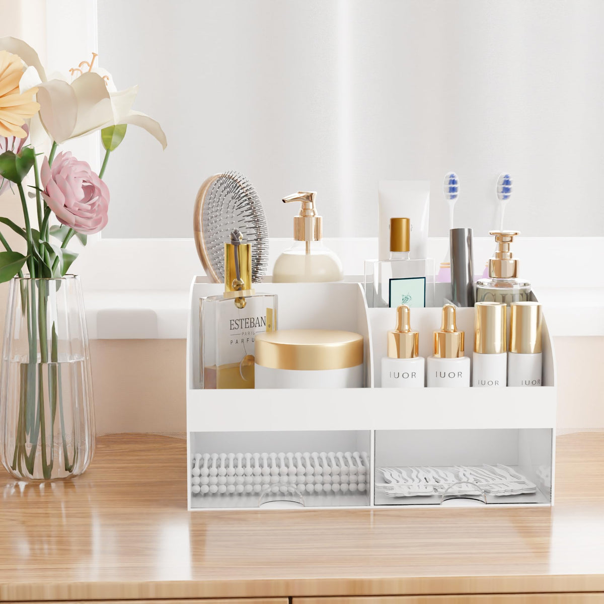 COMFYROOM skincare organizer on vanity keeping serums and creams organized.