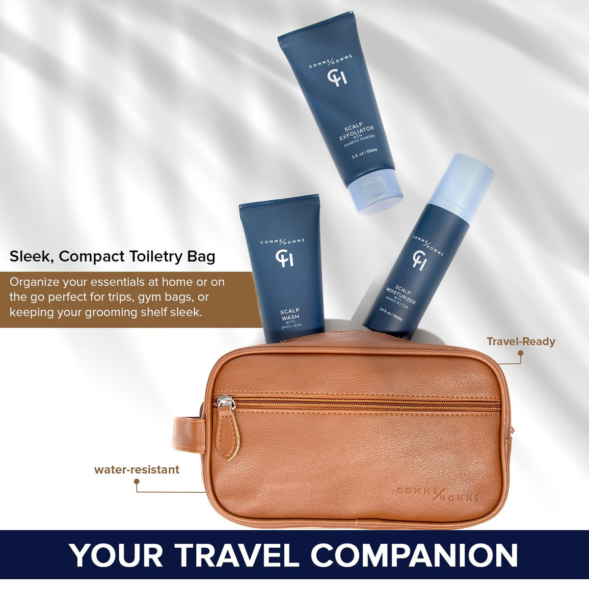 Comme Homme Bald Head Care Scene showcasing products in use.