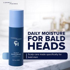 Comme Homme bald head lotion application depicting quick absorption and softness