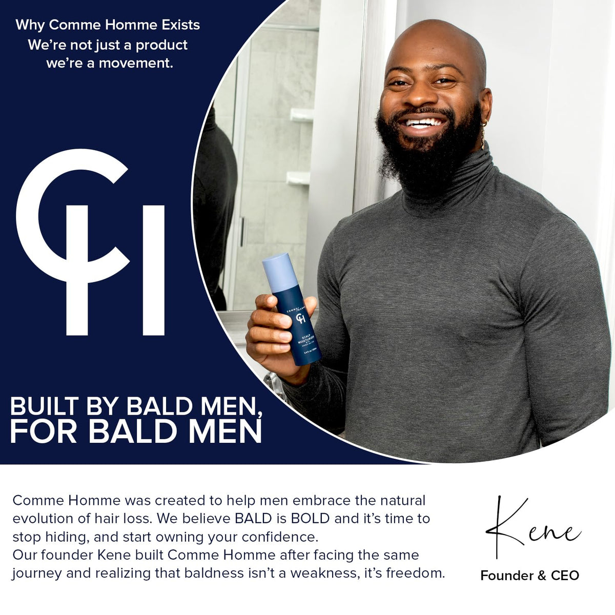 Comme Homme bald men grooming routine demonstrates confident, bold look.