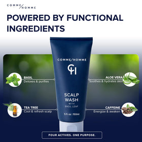 Comme Homme Hydrating Scalp Wash packaging on bathroom vanity supports daily grooming.