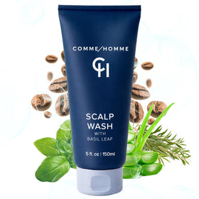 Comme Homme Hydrating Scalp Wash bottle front shows basil-powered cleanse for refreshed scalp.