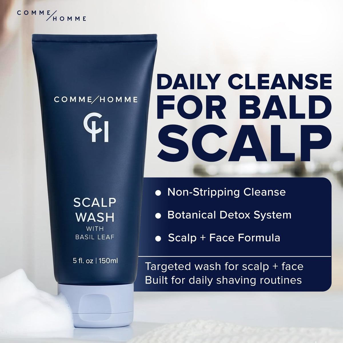 Comme Homme Hydrating Scalp Wash bottle side view with clear aloe and caffeine benefits.