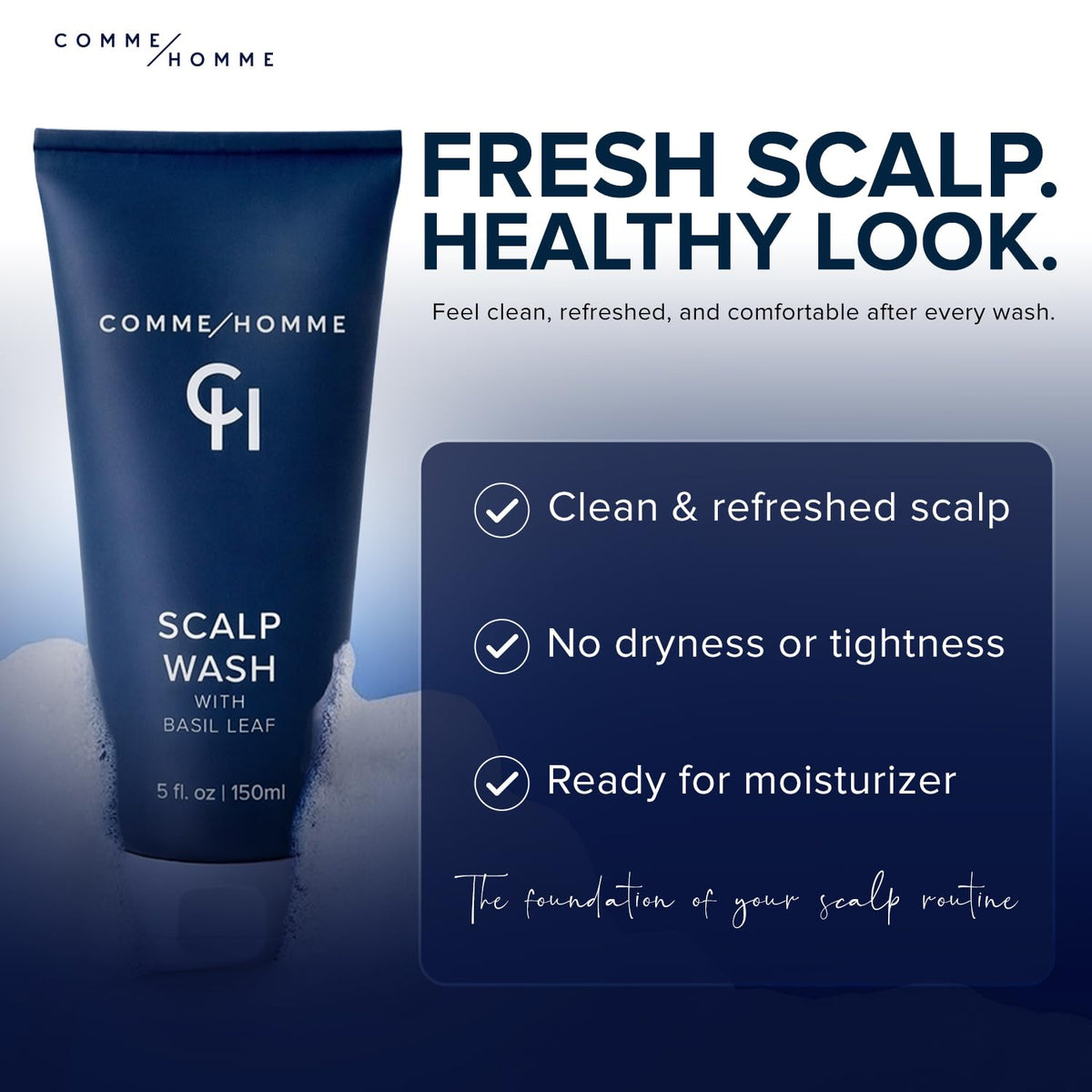 Comme Homme Hydrating Scalp Wash jar lid close-up emphasizing aloe hydration.