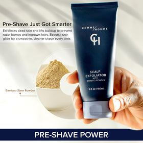 Comme Homme premium scalp care bottle highlights anti-aging radiance.