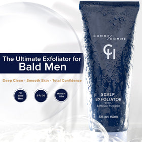 Comme Homme scalp exfoliator highlights glycolic acid for bright, refreshed skin.